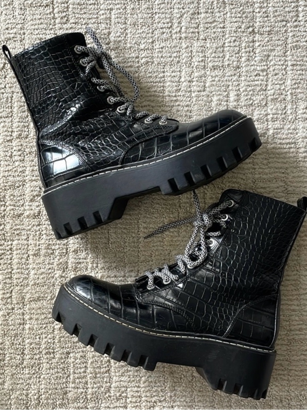 Zara Black Croc-Embossed Platform Combat Boots